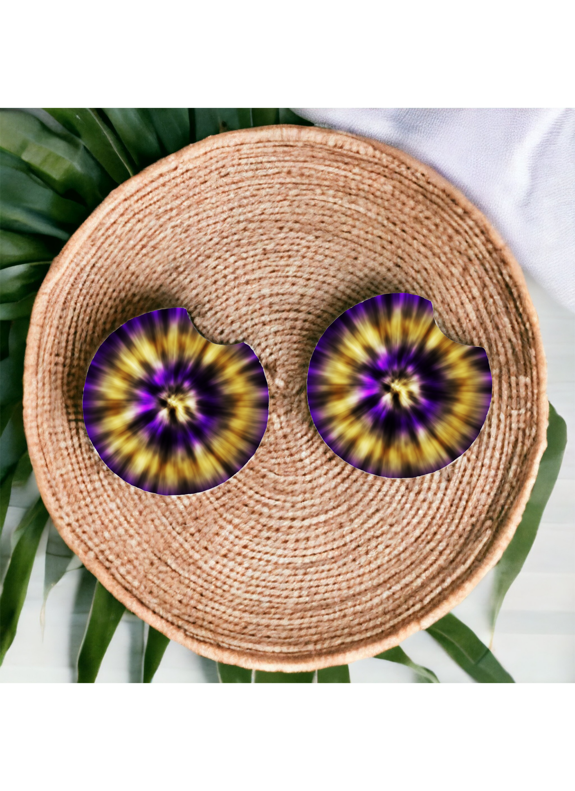 Gold and Purple Tie-Dye Car Coaster Set